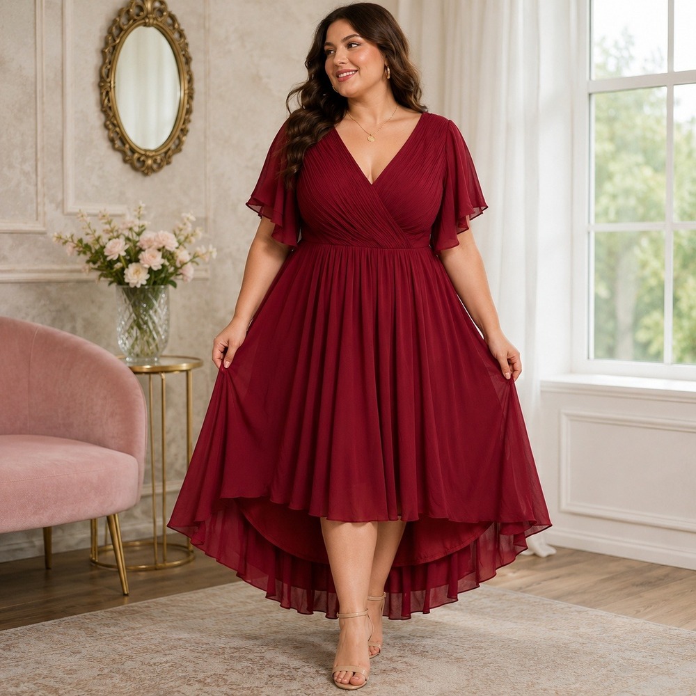 Ever-Pretty Burgundy Chiffon V-Neck Pleated Flutter Sleeve Cocktail Dress 4XL